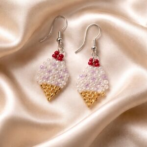 Seed Bead Ice Cream Cone Earrings, Vanilla Cone with Purple Sprinkles, Handmade